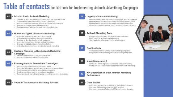 Table Of Contacts For Methods For Implementing Ambush Advertising Campaigns Icons PDF