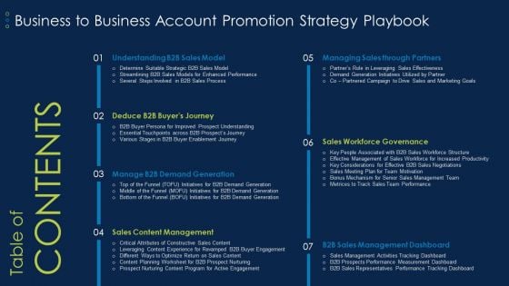 Table Of Contens Business To Business Account Promotion Strategy Playbook Structure PDF