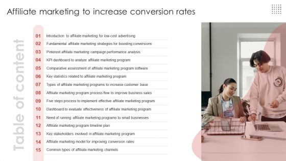 Table Of Content Affiliate Marketing To Increase Conversion Rates Background PDF