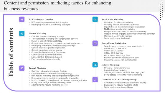 Table Of Content And Permission Marketing Tactics For Enhancing Business Revenues Slide Topics PDF