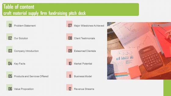 Table Of Content Craft Material Supply Firm Fundraising Pitch Deck Background PDF