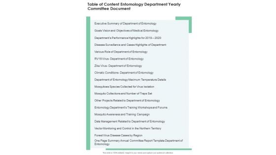 Table Of Content Entomology Department Yearly Committee Document One Pager Documents