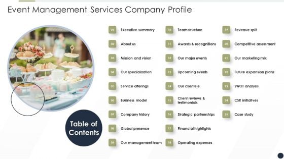 Table Of Content Event Management Services Company Profile Themes PDF