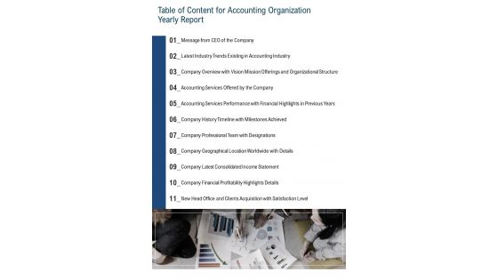 Table Of Content For Accounting Organization Yearly Report One Pager Documents Table Of Content For Accounting Organization Yearly Report One Pager Documents