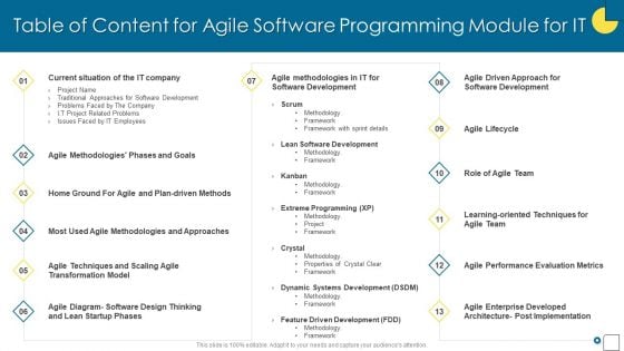 Table Of Content For Agile Software Programming Module For IT Ppt Summary Files PDF