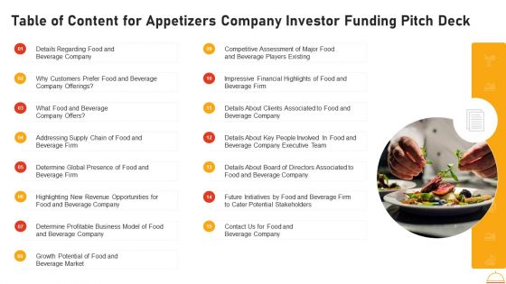 Table Of Content For Appetizers Company Investor Funding Pitch Deck Elements PDF