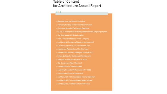 Table Of Content For Architecture Annual Report One Pager Documents Table Of Content For Architecture Annual Report One Pager Documents