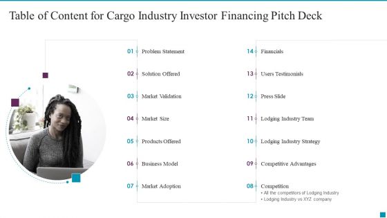Table Of Content For Cargo Industry Investor Financing Pitch Deck Icons PDF