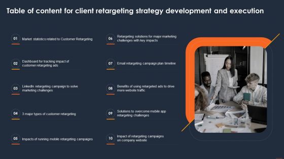 Table Of Content For Client Retargeting Strategy Development And Execution Information PDF