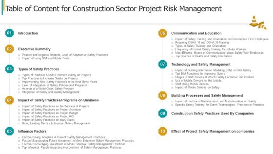 Table Of Content For Construction Sector Project Risk Management Summary PDF