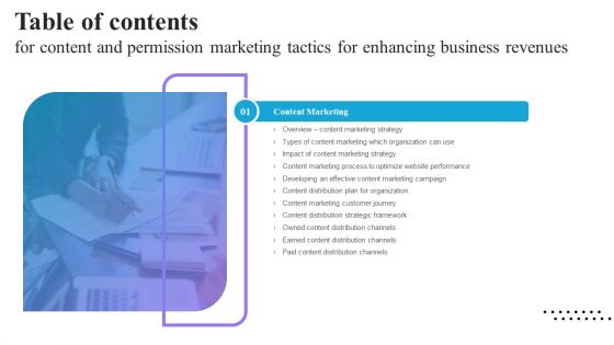 Table Of Content For Content And Permission Marketing Tactics For Enhancing Business Revenues Slide Infographics PDF Table Of Content For Content And Permission Marketing Tactics For Enhancing Business Revenues Slide Infographics PDF