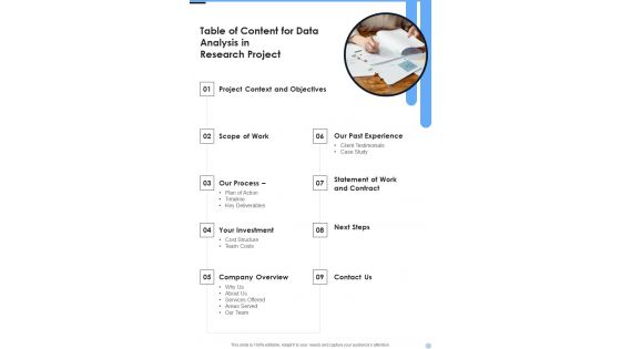 Table Of Content For Data Analysis In Research Project One Pager Sample Example Document