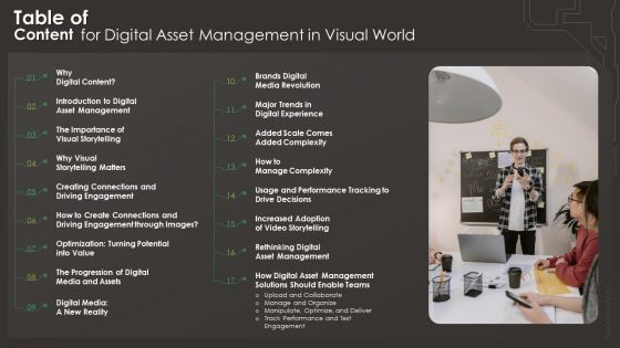 Table Of Content For Digital Asset Management In Visual World Graphics PDF Table Of Content For Digital Asset Management In Visual World Graphics PDF