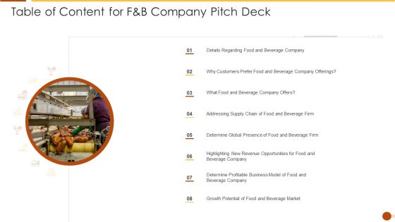 Table Of Content For F And B Company Pitch Deck Template PDF