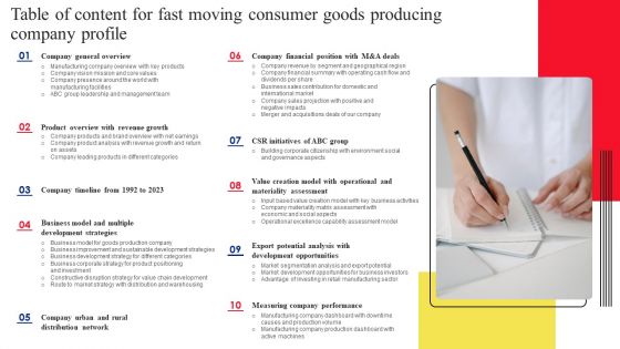 Table Of Content For Fast Moving Consumer Goods Producing Company Profile Themes PDF