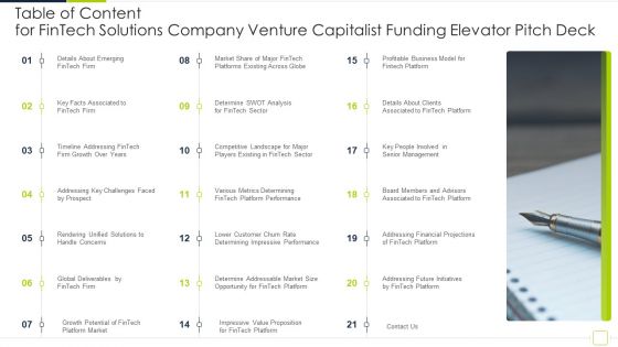 Table Of Content For Fintech Solutions Company Venture Capitalist Funding Elevator Pitch Deck Portrait PDF