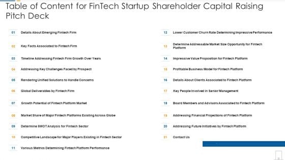 Table Of Content For Fintech Startup Shareholder Capital Raising Pitch Deck Diagrams PDF