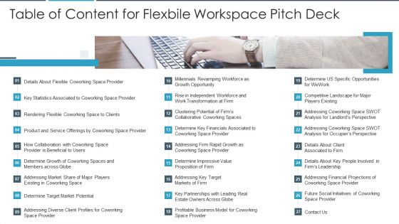 Table Of Content For Flexbile Workspace Pitch Deck Rules PDF Table Of Content For Flexbile Workspace Pitch Deck Rules PDF