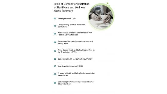 Table Of Content For Illustration Of Healthcare And Wellness Yearly Summary One Pager Documents