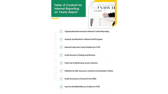 Table Of Content For Internal Reporting On Yearly Report One Pager Documents