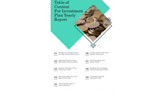 Table Of Content For Investment Plan Yearly Report One Pager Documents Table Of Content For Investment Plan Yearly Report One Pager Documents