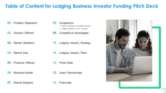 Table Of Content For Lodging Business Investor Funding Pitch Deck Guidelines PDF