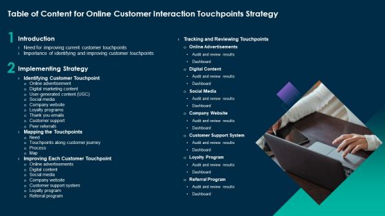 Table Of Content For Online Customer Interaction Touchpoints Strategy Demonstration PDF