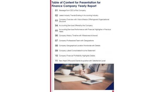 Table Of Content For Presentation For Finance Company Yearly Report One Pager Documents