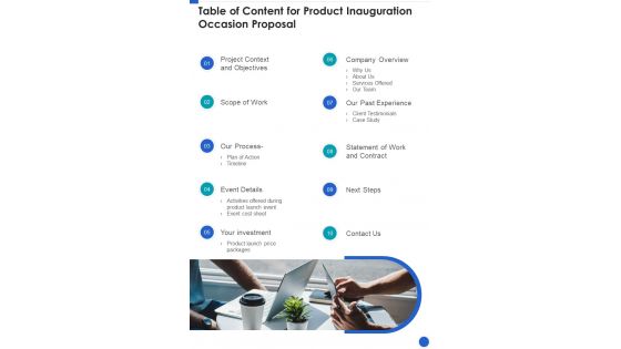 Table Of Content For Product Inauguration Occasion Proposal One Pager Sample Example Document