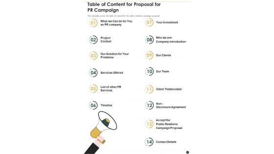 Table Of Content For Proposal For PR Campaign One Pager Sample Example Document Table Of Content For Proposal For PR Campaign One Pager Sample Example Document