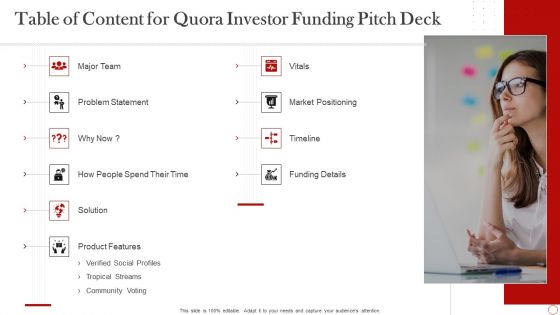 Table Of Content For Quora Investor Funding Pitch Deck Microsoft PDF