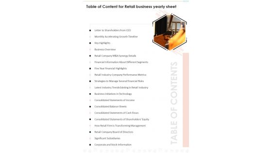 Table Of Content For Retail Business Yearly Sheet One Pager Documents Table Of Content For Retail Business Yearly Sheet One Pager Documents