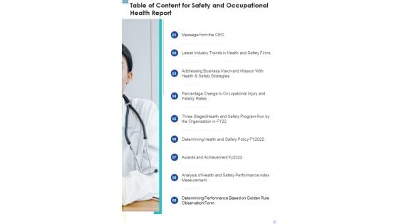 Table Of Content For Safety And Occupational Health Report One Pager Documents Table Of Content For Safety And Occupational Health Report One Pager Documents