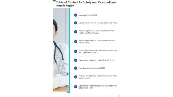 Table Of Content For Safety And Occupational Health Report One Pager Documents