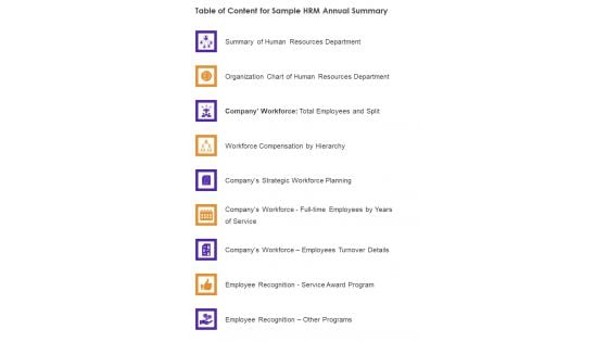 Table Of Content For Sample HRM Annual Summary One Pager Documents Table Of Content For Sample HRM Annual Summary One Pager Documents