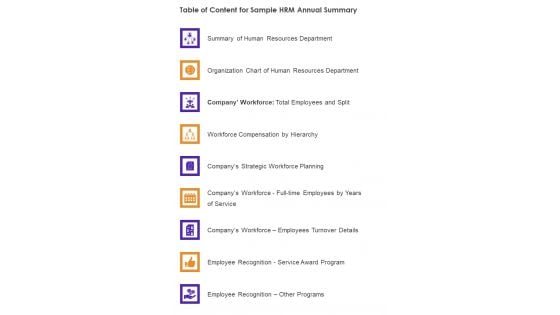 Table Of Content For Sample HRM Annual Summary One Pager Documents