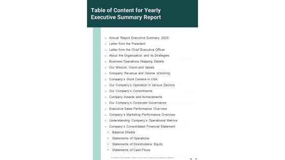 Table Of Content For Yearly Executive Summary Report One Pager Documents