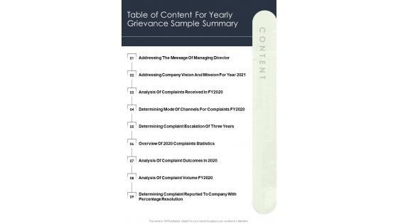 Table Of Content For Yearly Grievance Sample Summary One Pager Documents