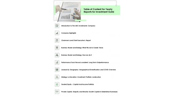 Table Of Content For Yearly Reports For Investment Guild One Pager Documents