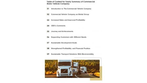 Table Of Content For Yearly Summary Of Commercial Motor Vehicle Company One Pager Documents