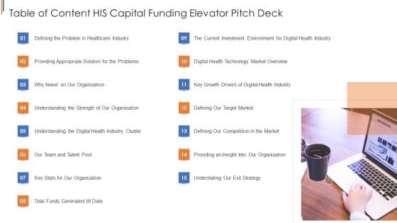 Table Of Content His Capital Funding Elevator Pitch Deck Introduction PDF