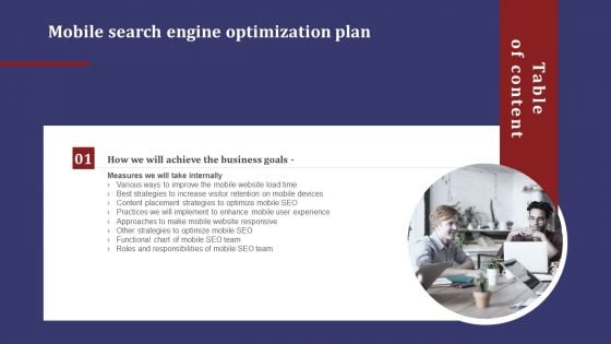 Table Of Content Mobile Search Engine Optimization Plan Team Template PDF