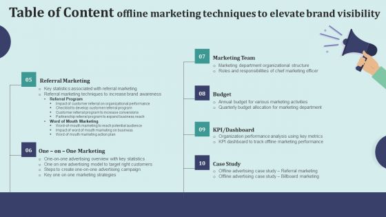 Table Of Content Offline Marketing Techniques To Elevate Brand Visibility Information PDF