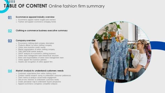 Table Of Content Online Fashion Firm Summary Ppt Styles Background Image PDF