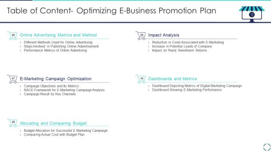 Table Of Content Optimizing E Business Promotion Plan Designs PDF Slide02