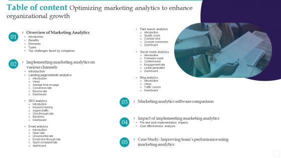 Table Of Content Optimizing Marketing Analytics To Enhance Organizational Growth Icons PDF