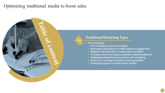 Table Of Content Optimizing Traditional Media To Boost Sales Slide Microsoft PDF