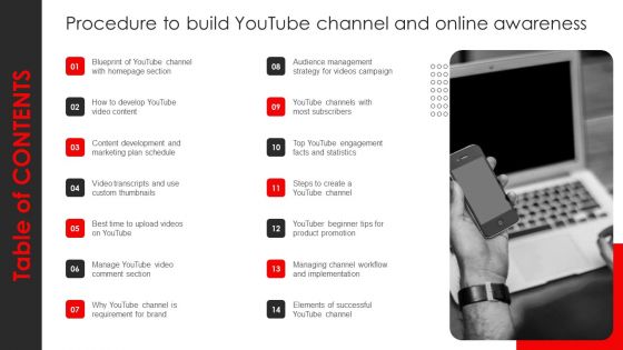 Table Of Content Procedure To Build Youtube Channel And Online Awareness Slides PDF