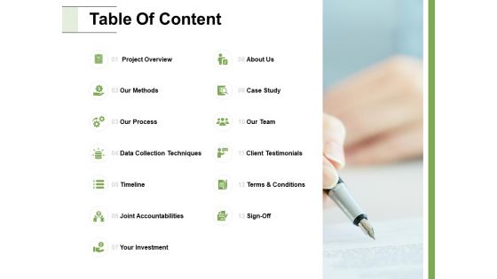 Table Of Content Process Investment Ppt PowerPoint Presentation Inspiration Skills