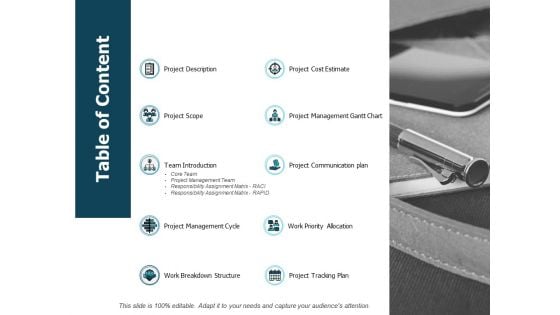 Table Of Content Project Management Cycle Ppt PowerPoint Presentation Inspiration Graphics Template